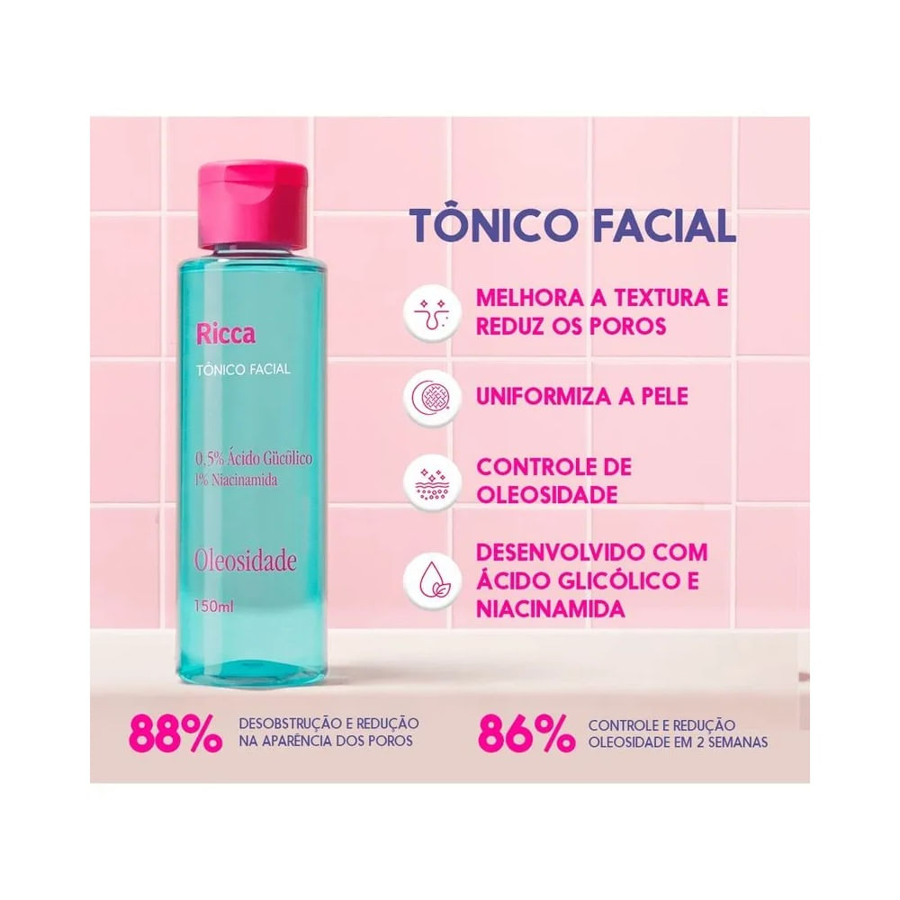 Frasco de tônico facial Ricca com tampa rosa, em fundo branco